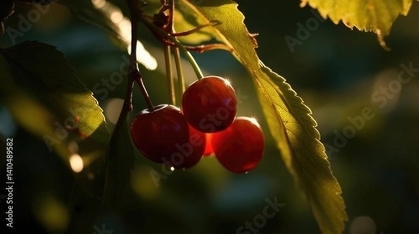 Obraz Fresh Red Cherries on Tree Branch Glowing in Sunlight
