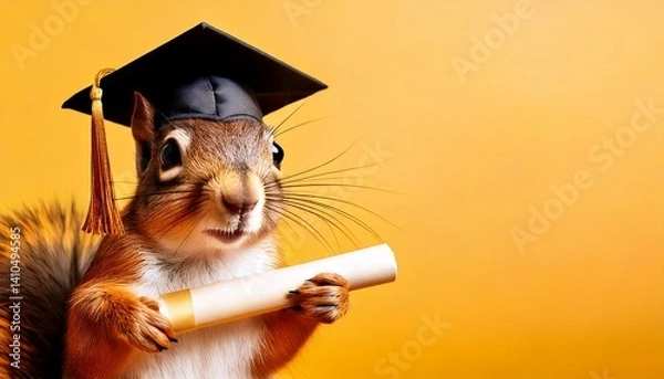 Fototapeta A cute squirrel in a graduation cap proudly holding a diploma against a yellow background