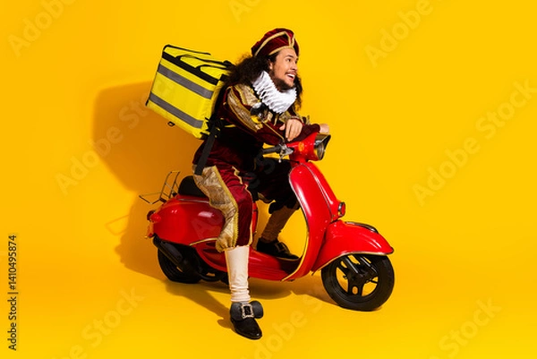 Fototapeta Colorful portrayal of a nobleman delivering packages on a red scooter