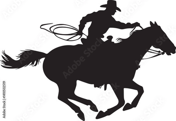 Fototapeta A vector silhouette of a wild west cowboy riding a running horse with a rope