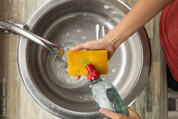 Obraz A woman’s hand pours liquid soap onto a sponge over the sink, preparing to clean dirty dishes in a bright and modern kitchen.

