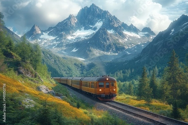 Fototapeta Scenic train journey through majestic mountains remote location nature photography serene captivating viewpoint