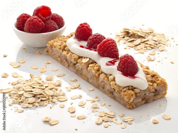 Obraz Cereal bar with yogurt and raspberries topping on white background