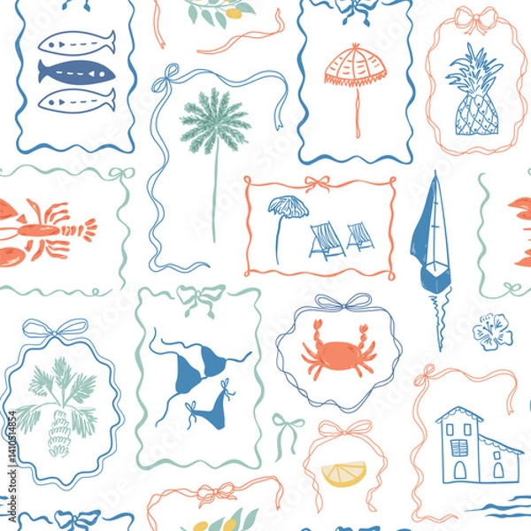 Fototapeta Tropical coquette beach summer pattern, Italy vacation mood, dolce vita design. Vector Mediterranean wallpaper, stamps, palm trees, sardines, lobster, bows frames. Cute geometric textile, background.