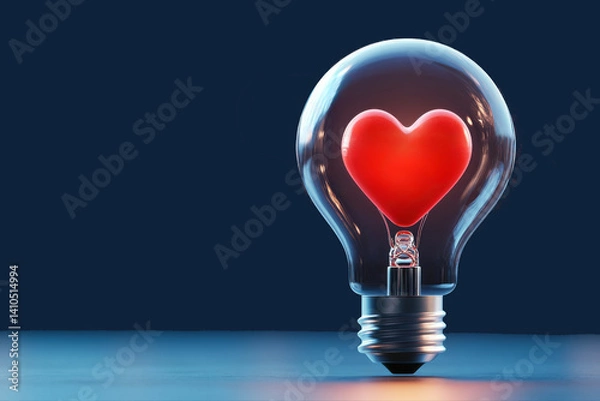 Fototapeta Red heart glowing inside clear light bulb on blue background with copy space. Creative concep