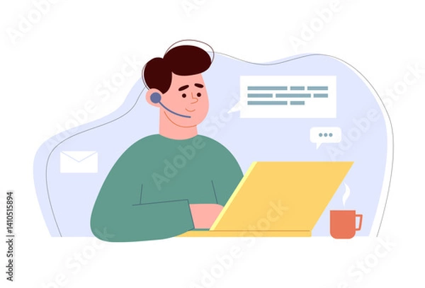 Obraz Concept сustomer support. A man with headphones and a microphone with a laptop. Illustration for call center, support, help.