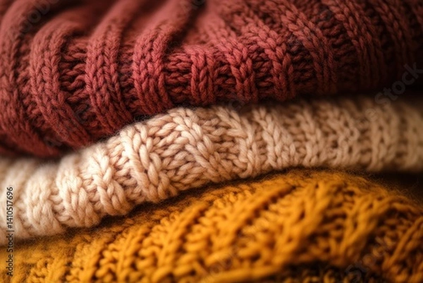 Obraz cozy stack of knitted sweaters in brown, gray, white, and orange concept of warmth and comfort