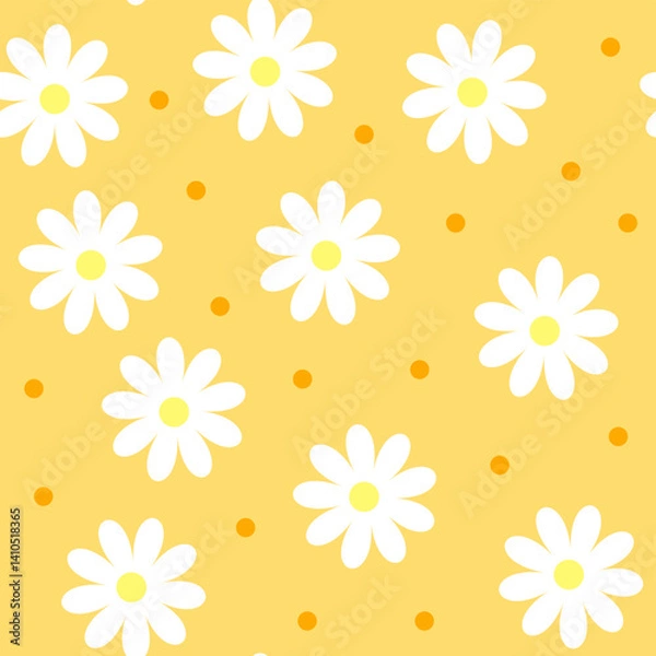 Fototapeta Bright yellow seamless pattern with naive white daisies and small dots. Pretty chamomile vector botanical floral pattern in warm tones