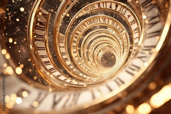 Fototapeta Stylized Time Spiral Featuring Roman Numerals With Shimmering Lights in a Deep, Endless Perspective
