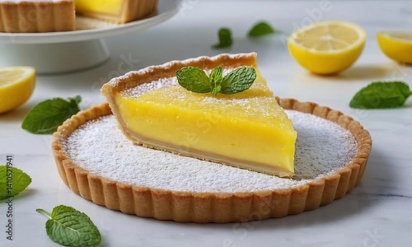 Fototapeta Slice of lemon tart adorned with mint on a powdered sugar-dusted base