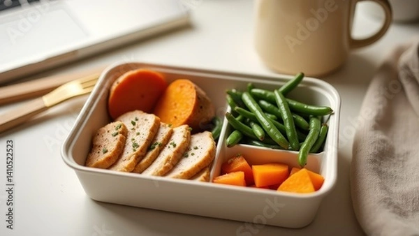 Fototapeta Healthy lunchbox with sliced chicken, sweet potatoes, green beans, and coffee mug