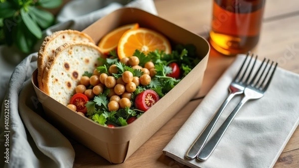 Fototapeta Fresh vegan salad with chickpeas, citrus, and flatbread in eco-friendly container