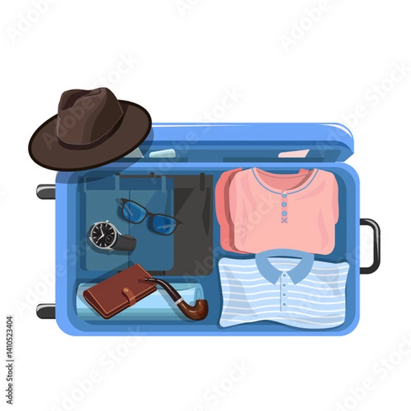 Obraz A blue suitcase open with men's clothes, isolated on a white background.A vector suitcase for summer travel designs.