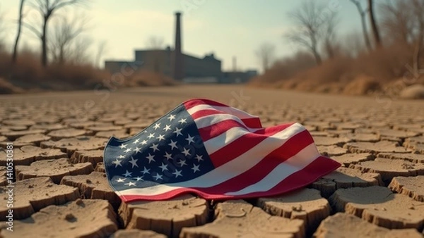 Obraz American flag on drought-cracked ground in industrial landscape