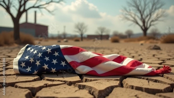 Fototapeta American flag on cracked earth symbolizing drought and environmental issues