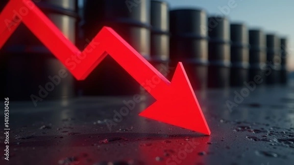 Obraz Red arrow decline with oil barrels in background indicating market downturn