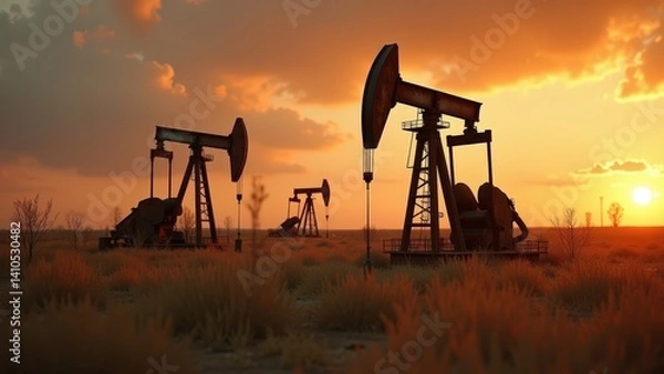 Obraz Oil pumpjacks silhouetted against sunset in desert landscape