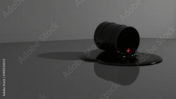 Obraz Black oil barrel on side spilling liquid with reflection on surface