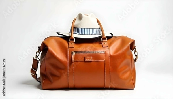 Fototapeta A brown leather duffel bag with a white hat on top. The bag has a rectangular shape with a top handle and a zipper closure. There are two straps on either side of the bag, one on top of the other.