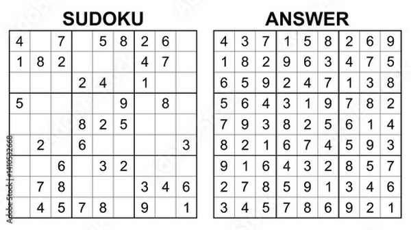 Fototapeta Vector sudoku with answer 29. Educational game with numbers for kids and leisure for adult on white background.	