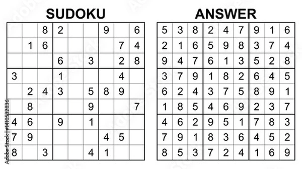 Fototapeta Vector sudoku with answer 32. Educational game with numbers for kids and leisure for adult on white background.	