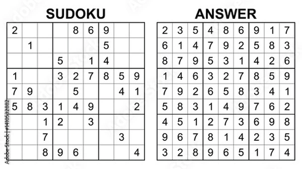 Fototapeta Vector sudoku with answer 30. Educational game with numbers for kids and leisure for adult on white background.	