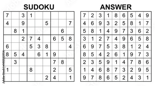 Fototapeta Vector sudoku with answer 33. Educational game with numbers for kids and leisure for adult on white background.	