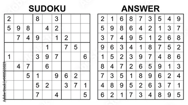 Fototapeta Vector sudoku with answer 34. Educational game with numbers for kids and leisure for adult on white background.	