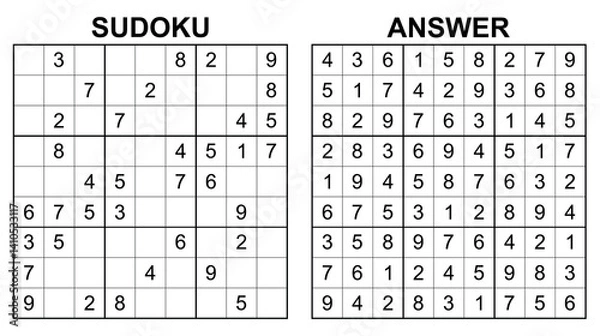 Fototapeta Vector sudoku with answer 28. Educational game with numbers for kids and leisure for adult on white background.	