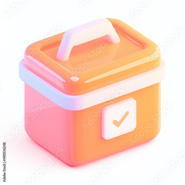 Fototapeta Stylish orange and white storage box with a checkmark on a white background.