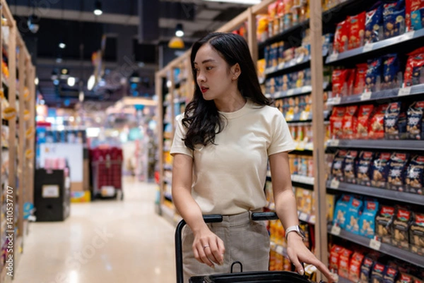 Fototapeta Customer pushing shopping cart and choosing snacks in supermarket