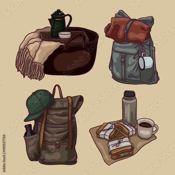 Fototapeta Various items for travel and picnic