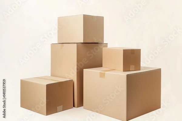 Fototapeta Stack of cardboard boxes of varying sizes against a neutral backdrop