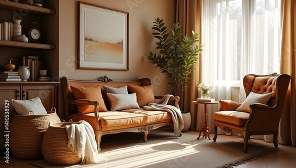 Fototapeta The stylish ethnic composition at living room interior with wicker baskets.