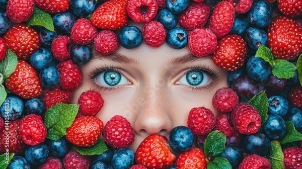 Fototapeta A close-up of a person's face surrounded by vibrant berries, emphasizing their striking blue eyes amidst a colorful fruit arrangement.