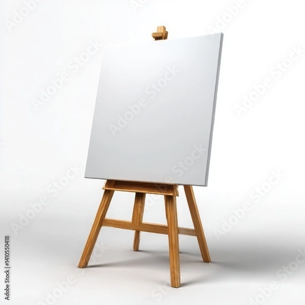 Fototapeta A blank white canvas on a wooden easel against a white backdrop isoleted on white background