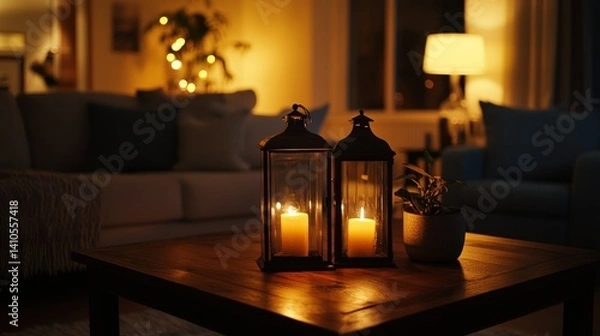 Fototapeta Lit candles in lanterns placed on a wooden coffee table