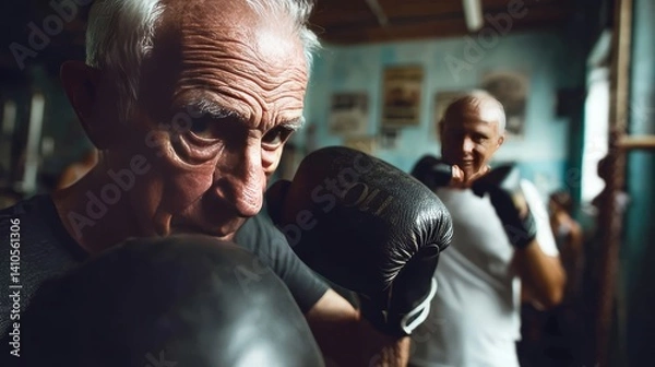 Obraz Elderly Man Training in Gym with Boxing Gloves for Fitness and Strength Conditioning