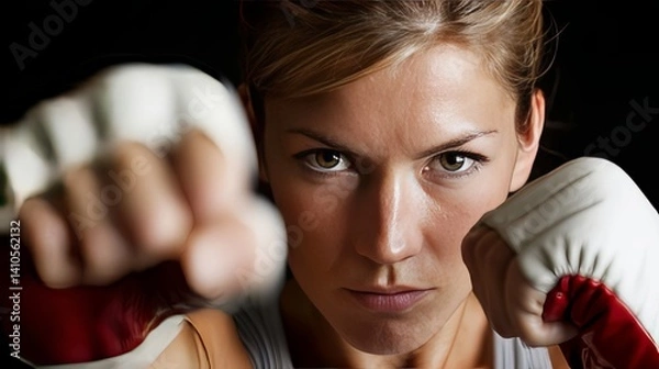 Obraz Powerful Female Boxer in Punching Stance Showcasing Strength and Determination
