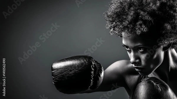 Obraz Powerful Female Boxer in Punching Stance Showcasing Strength and Determination in Action