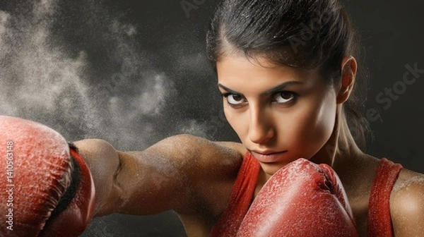 Obraz Powerful Female Boxer in Punching Stance with Intense Expression and Dust Clouds from Gloves