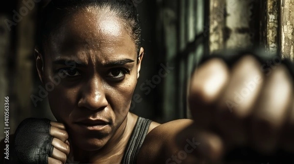 Obraz Powerful Female Boxer in Dynamic Punching Stance with Intense Expression and Focus
