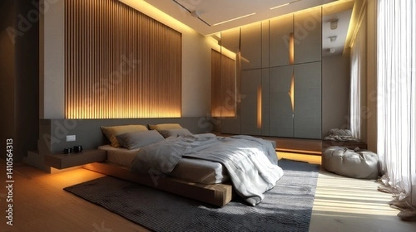 Fototapeta Modern bedroom with linear lights and shadow-casting panels 