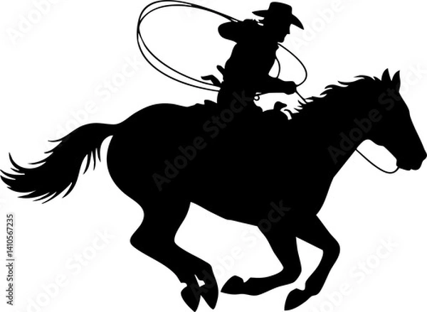 Obraz A vector silhouette of a wild west cowboy riding a running horse wipe rope in hand