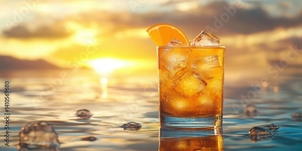 Obraz Refreshing cocktail with ice and orange slice at sunset over calm ocean waves