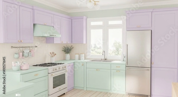 Fototapeta パステルカラーの優しい光が差し込む、清潔感溢れるキッチン。穏やかな雰囲気の空間。
