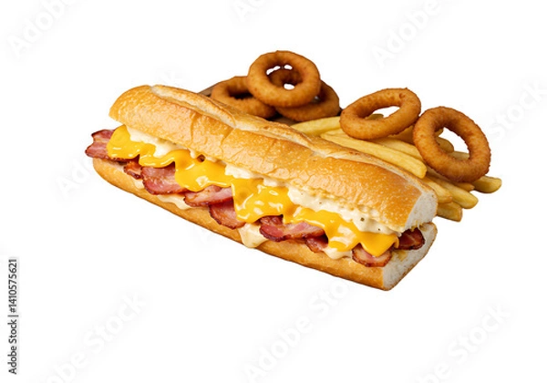 Fototapeta Onion rings and bacon and cheese sandwiches.