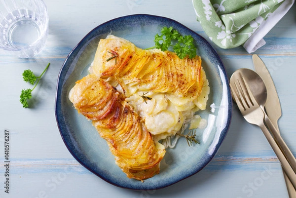 Fototapeta Potato and onion gratin on blue plate. Scalloped potatoes or potato bake. View from above, top view