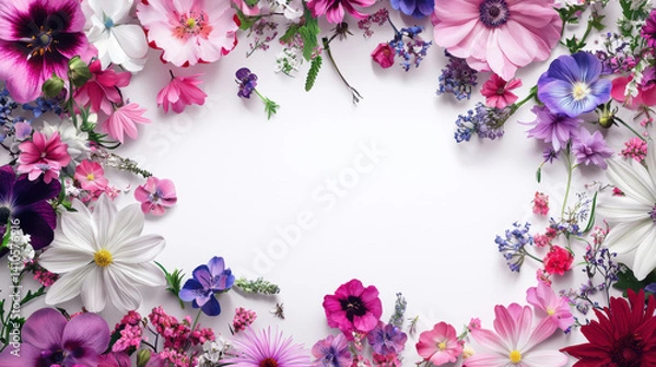 Obraz A vibrant array of pink, purple, and white flowers creates a beautiful floral frame on a clean white background perfect for design projects and sp celebrations.