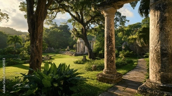 Fototapeta An ancient colonnade frames a beautiful garden with historical ruins